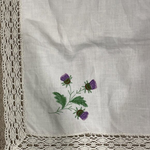 Vintage Embroidered Table Cover Tablecloth Purple Flowers 40X40 Crochet Trim - Picture 5 of 10